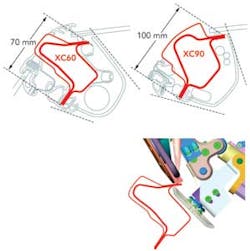 FIGURE 8. The obvious difference in A-pillar cross section between the XC90 and XC60 models, and at the right, the roller clamping device necessary for laser welding. FIGURE 8. The obvious difference in A-pillar cross section between the XC90 and XC60 models, and at the right, the roller clamping device necessary for laser welding.
