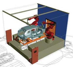 FIGURE 10. Schematic layout of the new laser welding station in the GA3-line in the Gent plant, featuring one diode-pumped rod Nd:YAG laser and one diode-pumped disc Yr:YAG laser, both of 4 kW laser output power. FIGURE 10. Schematic layout of the new laser welding station in the GA3-line in the Gent plant, featuring one diode-pumped rod Nd:YAG laser and one diode-pumped disc Yr:YAG laser, both of 4 kW laser output power.