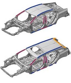 FIGURE 11. Structural laser welds (red), semi-structural laser welds (blue) and laser brazing (yellow) on Volvo's latest models; the S60 sedan (top) and the V60 estate (bottom) - the latter is also offered as a plug-in hybrid version. FIGURE 11. Structural laser welds (red), semi-structural laser welds (blue) and laser brazing (yellow) on Volvo's latest models; the S60 sedan (top) and the V60 estate (bottom) - the latter is also offered as a plug-in hybrid version.