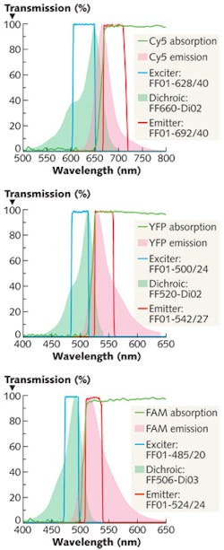 FIGURE 1: Absorption (green shaded area) and emission (pink shaded area) spectra of the three fluorophores used in the research describe fluorescence image-guided tumors and surrounding tissue. The spectra of optimal corresponding filters (green line) can be used in a FIGS microscope. Hard-coated interference filters having high (&gt;95%) light transmission passbands and steep edges enable the collection and display of fluorescence microscopy images with high signal-to-noise ratios (for example, high image fidelity). So, high-quality optical filters are critical for removing small pieces of tumor that may otherwise go undetected.