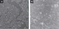 FIGURE 3. Transmission electron microscope (TEM) images show 10-nm-diameter iron oxide nanoparticles (IONPs), used for delivering chemotherapeutic drugs to cancerous tumors, as prepared in organic solvent (a) and dispersed in water (b). The white circles around the water-soluble IONPs are the organic coatings on the IONP surfaces used for drug loading.