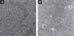 FIGURE 3. Transmission electron microscope (TEM) images show 10-nm-diameter iron oxide nanoparticles (IONPs), used for delivering chemotherapeutic drugs to cancerous tumors, as prepared in organic solvent (a) and dispersed in water (b). The white circles around the water-soluble IONPs are the organic coatings on the IONP surfaces used for drug loading. FIGURE 3. Transmission electron microscope (TEM) images show 10-nm-diameter iron oxide nanoparticles (IONPs), used for delivering chemotherapeutic drugs to cancerous tumors, as prepared in organic solvent (a) and dispersed in water (b). The white circles around the water-soluble IONPs are the organic coatings on the IONP surfaces used for drug loading.