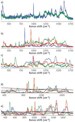 Blue, green, and red spectra correspond to the first, second, and third Raman components, respectively, in spectroscopic signatures of (a) semen, (b) blood, (c) saliva, (d) sweat, and (e) vaginal fluid. Black lines are statistically obtained fluorescent components of sweat and vaginal fluid. Blue, green, and red spectra correspond to the first, second, and third Raman components, respectively, in spectroscopic signatures of (a) semen, (b) blood, (c) saliva, (d) sweat, and (e) vaginal fluid. Black lines are statistically obtained fluorescent components of sweat and vaginal fluid.