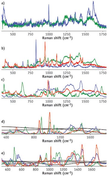 Blue, green, and red spectra correspond to the first, second, and third Raman components, respectively, in spectroscopic signatures of (a) semen, (b) blood, (c) saliva, (d) sweat, and (e) vaginal fluid. Black lines are statistically obtained fluorescent components of sweat and vaginal fluid.