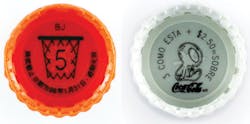 FIGURE 3. Laser marking undercap promotions on linerless beverage closures at speeds up to 1500 per minute. FIGURE 3. Laser marking undercap promotions on linerless beverage closures at speeds up to 1500 per minute.