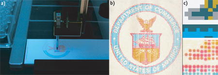 Microarrayer machines (a) now can mix colors and deposit them on microscope slides, which can be used to calibrate hyperspectral imagers (HSI) for use in medical applications. The finished slides can be custom-colored (b) to calibrate HSIs to find specific types of tumors or diseased tissue. Close up, they resemble dot-matrix printwork (c).
