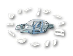 Figure 2. Example of typical laser welded blank applications used in an automotive body structure along with potential steel grade mix. Figure 2. Example of typical laser welded blank applications used in an automotive body structure along with potential steel grade mix.