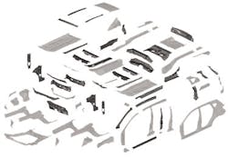 Figure 5. Example of typical laser welded coil applications used in an automotive body structure along with potential steel grade mix. Figure 5. Example of typical laser welded coil applications used in an automotive body structure along with potential steel grade mix.