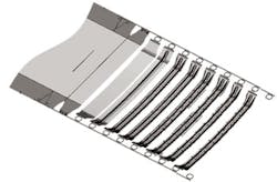Figure 6. Example of a progressive die strip layout from a tailor welded coil where the local reinforcements are integrated into the single stamping. Figure 6. Example of a progressive die strip layout from a tailor welded coil where the local reinforcements are integrated into the single stamping.