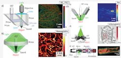 FIGURE 1. Photoacoustic tomography (PAT) enables in-vivo imaging through a number of implementations: (a) Optical-resolution photoacoustic microscopy (OR-PAM) shows sO2 in a mouse ear; (b) acoustic-resolution photoacoustic microscopy (AR-PAM) depicts normalized total hemoglobin concentration in a human palm; (c) linear-array photoacoustic computed tomography (PACT) images normalized methylene blue dye concentration in a rat sentinel lymph node (SLN); and (d) a circular-array PACT portrays cerebral hemodynamic changes in response to one-sided whisker stimulation in a rat. Finally, (e) photoacoustic endoscopy (PAE) shows a rabbit esophagus and adjacent internal organs, including the trachea and lung. FIGURE 1. Photoacoustic tomography (PAT) enables in-vivo imaging through a number of implementations: (a) Optical-resolution photoacoustic microscopy (OR-PAM) shows sO2 in a mouse ear; (b) acoustic-resolution photoacoustic microscopy (AR-PAM) depicts normalized total hemoglobin concentration in a human palm; (c) linear-array photoacoustic computed tomography (PACT) images normalized methylene blue dye concentration in a rat sentinel lymph node (SLN); and (d) a circular-array PACT portrays cerebral hemodynamic changes in response to one-sided whisker stimulation in a rat. Finally, (e) photoacoustic endoscopy (PAE) shows a rabbit esophagus and adjacent internal organs, including the trachea and lung.