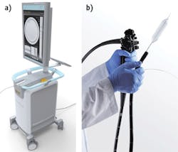 FIGURE 2. The NvisionVLE Imaging System comprises the NvisionVLE Imaging Console (a), which houses a computer, OCT system, and fiber-optic rotary junction, and supports two touch-screen monitors. The NvisionVLE Optical Probe (b), which connects to the imaging console, consists of an outer balloon catheter and an inner optical fiber that carries near-infrared light to the distal optics, where it is focused into the esophageal wall. Surrounding the optical fiber is a drive shaft that transmits torque from the console to the probe optics, creating the helical scan that images the 6 cm segment of the esophagus.
