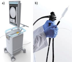 FIGURE 2. The NvisionVLE Imaging System comprises the NvisionVLE Imaging Console (a), which houses a computer, OCT system, and fiber-optic rotary junction, and supports two touch-screen monitors. The NvisionVLE Optical Probe (b), which connects to the imaging console, consists of an outer balloon catheter and an inner optical fiber that carries near-infrared light to the distal optics, where it is focused into the esophageal wall. Surrounding the optical fiber is a drive shaft that transmits torque from the console to the probe optics, creating the helical scan that images the 6 cm segment of the esophagus. FIGURE 2. The NvisionVLE Imaging System comprises the NvisionVLE Imaging Console (a), which houses a computer, OCT system, and fiber-optic rotary junction, and supports two touch-screen monitors. The NvisionVLE Optical Probe (b), which connects to the imaging console, consists of an outer balloon catheter and an inner optical fiber that carries near-infrared light to the distal optics, where it is focused into the esophageal wall. Surrounding the optical fiber is a drive shaft that transmits torque from the console to the probe optics, creating the helical scan that images the 6 cm segment of the esophagus.