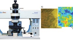 FIGURE 1. BaySpec&apos;s Nomadic confocal Raman microscope (a) is simultaneously equipped with three excitation sources from the visible to near-infrared: 532, 785, and 1064 nm. This system provides chemical analysis and classification. In a forensics application (b), for example, Nomadic&apos;s 1064-Raman system can map black ink on paper because inks are highly fluorescent.