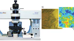 FIGURE 1. BaySpec's Nomadic confocal Raman microscope (a) is simultaneously equipped with three excitation sources from the visible to near-infrared: 532, 785, and 1064 nm. This system provides chemical analysis and classification. In a forensics application (b), for example, Nomadic's 1064-Raman system can map black ink on paper because inks are highly fluorescent.