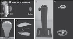 FIGURE 2. OCT imaging with a 1060 nm VCSEL produces (a) a 3D rendering of the anterior eye with an axial eye length measurement to the retina. (b) Non-medical applications demonstrate its broad applicability: (c) the VCSEL enabled imaging of an optical post holder and the OCT volumetric rendering shows depth measurement of deep bore hole. (d) Likewise, an experiment involving a light bulb produced an (e) OCT volumetric rendering that demonstrated the ability of VCSEL technology to produce long range images nondestructively.