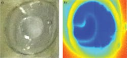 FIGURE 5. A water bubble surrounded by oil, imaged with a CCD color camera (a) and with exNIR scanning (b). The transmission intensities in exNIR were converted to an absorption ratio and displayed as a color map. FIGURE 5. A water bubble surrounded by oil, imaged with a CCD color camera (a) and with exNIR scanning (b). The transmission intensities in exNIR were converted to an absorption ratio and displayed as a color map.