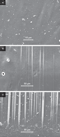 Figure 3. SEM pictures of excimer laser surfaces treated with 800 mJ/cm2: a) untreated with no exposed fibers; b) two laser pulses where fibers become exposed; and c) six laser pulses where fibers are clearly exposed but not damaged. Figure 3. SEM pictures of excimer laser surfaces treated with 800 mJ/cm2: a) untreated with no exposed fibers; b) two laser pulses where fibers become exposed; and c) six laser pulses where fibers are clearly exposed but not damaged.