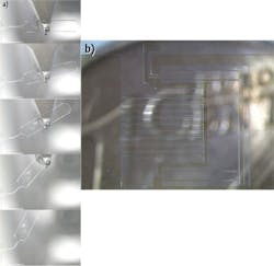 FIGURE 2. The FemtoPrinter enables creation of glass and fused silica structures such as (a) microflexures and (b) micromechanical actuators.