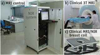 An overview of the MRI/NIR spectroscopy system. The NIR spectroscopy system is housed in the MRI control room (a) and light is piped into the MRI suite for patient imaging using fiber-optic cables (b). A combined MRI/NIR spectroscopy breast coil (c) makes simultaneous MRI and NIR spectroscopy imaging possible.