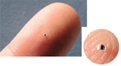 Submillimeter optics can be so small (inset) as to be mistaken for a spec of dirt on your finger.