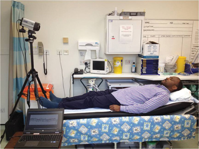 The camera is positioned about 3 feet away from the patient. The learning algorithm accurately detects the corners of the eyes, even when the patient's head is inclined.