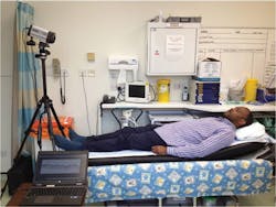 The camera is positioned about 3 feet away from the patient. The learning algorithm accurately detects the corners of the eyes, even when the patient's head is inclined. The camera is positioned about 3 feet away from the patient. The learning algorithm accurately detects the corners of the eyes, even when the patient's head is inclined.