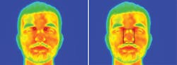 The thermal camera initially finds the corner of one eye; its value and position enable location of the second eye&apos;s corner. These coordinates enable detection of the the nose.