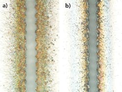 FIGURE 2. Views of a scribe created using single-pulse TimeShift technology. The technology yielded scribe depths of 20μm (a) and 25μm (b), respectively. FIGURE 2. Views of a scribe created using single-pulse TimeShift technology. The technology yielded scribe depths of 20μm (a) and 25μm (b), respectively.