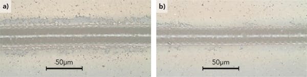 FIGURE 4. Comparison of alumina scribing quality using TimeShift technology. The top view (a) of the scribe used the single-pulse mode at 170&mu;J/pulse, while the same view (b) using the double-pulse mode enabled 101&mu;J/pulse. Scribe depth is 4&mu;m in both cases.