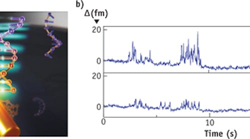 FIGURE 1. This photonic microsystem (a) can detect single DNA molecules, which appear as spikes in the sensor signal (b).