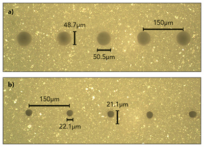 FIGURE 1. ~20&mu;m-diameter holes drilled in 635&mu;m-thick alumina (96% Al203) at a rate of 300 holes/s. (a) represents the entrance, while (b) is the exit.