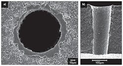 FIGURE 2. Larger holes measuring ~90μm diameter at the exit (~120μm at entrance) drilled in 381μm-thick AlN at >100 holes/s. (a) represents the exit, while (b) is a smooth cross-section. FIGURE 2. Larger holes measuring ~90μm diameter at the exit (~120μm at entrance) drilled in 381μm-thick AlN at >100 holes/s. (a) represents the exit, while (b) is a smooth cross-section.