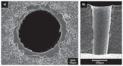 FIGURE 2. Larger holes measuring ~90&mu;m diameter at the exit (~120&mu;m at entrance) drilled in 381&mu;m-thick AlN at &gt;100 holes/s. (a) represents the exit, while (b) is a smooth cross-section.