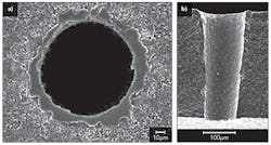 FIGURE 2. Larger holes measuring ~90μm diameter at the exit (~120μm at entrance) drilled in 381μm-thick AlN at >100 holes/s. (a) represents the exit, while (b) is a smooth cross-section. FIGURE 2. Larger holes measuring ~90μm diameter at the exit (~120μm at entrance) drilled in 381μm-thick AlN at >100 holes/s. (a) represents the exit, while (b) is a smooth cross-section.