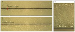 FIGURE 4. High-speed cutting of alumina (99.6% Al203) with a thickness of 381μm at 250mm/s. (a) represents the top view of the entrance, (b) is the top view of the exit, and (c) is the side view of the cut wall. FIGURE 4. High-speed cutting of alumina (99.6% Al203) with a thickness of 381μm at 250mm/s. (a) represents the top view of the entrance, (b) is the top view of the exit, and (c) is the side view of the cut wall.