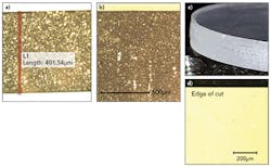 FIGURE 6. Examples of cut quality in sapphire parts for various thicknesses when using the QCW fiber laser. (a) represents a 0.4mm-thick cross-section cut at 12mm/s, (b) is a 1mm-thick cross-section cut at 9mm/s, (c) is a 2.8mm-thick cross-section cut at 3mm/s, and (d) is the top view of a cut with no cracks or chip-out.