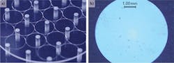 FIGURE 4. An example of a 6.4mm-diameter round window that would be used for a camera lens cover, cut from a 0.43mm-thick sapphire wafer with the ClearShape process using the Spirit 1040-IMC laser. A cutting time of < 0.5 s/window was achieved. (a) shows the sapphire window after the laser processing and before the cleaving, while (b) shows the top view of the round window after the cleaving step. FIGURE 4. An example of a 6.4mm-diameter round window that would be used for a camera lens cover, cut from a 0.43mm-thick sapphire wafer with the ClearShape process using the Spirit 1040-IMC laser. A cutting time of < 0.5 s/window was achieved. (a) shows the sapphire window after the laser processing and before the cleaving, while (b) shows the top view of the round window after the cleaving step.