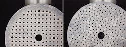 FIGURE 4. The photo on the left shows a die-cut disc after use with the inherent deformation caused by die cutting. The disc on the right shows how the laser-cut disc remains flat after use for maximum life, performance, and dust extraction.