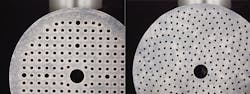 FIGURE 4. The photo on the left shows a die-cut disc after use with the inherent deformation caused by die cutting. The disc on the right shows how the laser-cut disc remains flat after use for maximum life, performance, and dust extraction. FIGURE 4. The photo on the left shows a die-cut disc after use with the inherent deformation caused by die cutting. The disc on the right shows how the laser-cut disc remains flat after use for maximum life, performance, and dust extraction.