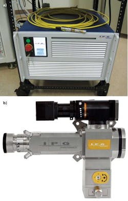 FIGURE 6. A QCW 300/3000 fiber laser (a) and the welding head and collimator (b). FIGURE 6. A QCW 300/3000 fiber laser (a) and the welding head and collimator (b).