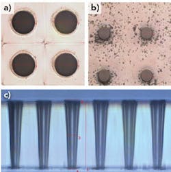 FIGURE 1. Excimer laser (193nm) vias drilled into glass: The 25μm diameter entrance hole (a), the exit hole (b), and the cross-sectional view (c). FIGURE 1. Excimer laser (193nm) vias drilled into glass: The 25μm diameter entrance hole (a), the exit hole (b), and the cross-sectional view (c).