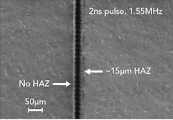 FIGURE 4. A scanning electron microscopy (SEM) image of a CFRP sample showing excellent laser cut quality. FIGURE 4. A scanning electron microscopy (SEM) image of a CFRP sample showing excellent laser cut quality.