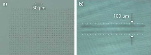FIGURE 1. Optical microscope images of a single defect array in PMMA produced with lateral pulse distances of 15 &micro;m: a) top view, b) side view.