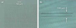 FIGURE 1. Optical microscope images of a single defect array in PMMA produced with lateral pulse distances of 15 µm: a) top view, b) side view. FIGURE 1. Optical microscope images of a single defect array in PMMA produced with lateral pulse distances of 15 µm: a) top view, b) side view.