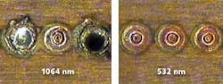 FIGURE 2. Typical spot welds on bar copper using a 1064 nm and 532 nm pulsed Nd:YAG laser. FIGURE 2. Typical spot welds on bar copper using a 1064 nm and 532 nm pulsed Nd:YAG laser.