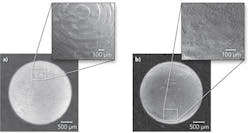 FIGURE 3. Sphere (radius 1.5 mm) produced in PMMA. Optical microscope image of the sphere and SEM micrograph a) of the polar cap machined with equidistant layer distances lead to a poor lateral resolution, and b) fabricated with equidistant resulting pulse distances along the curved surface of the sphere results in a homogenous resolution throughout the surface. FIGURE 3. Sphere (radius 1.5 mm) produced in PMMA. Optical microscope image of the sphere and SEM micrograph a) of the polar cap machined with equidistant layer distances lead to a poor lateral resolution, and b) fabricated with equidistant resulting pulse distances along the curved surface of the sphere results in a homogenous resolution throughout the surface.