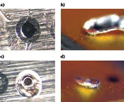 FIGURE 8. Laser welding of thin copper and aluminum to gold coated copper pads. a) Top view of the 0.01-in. thick aluminum terminal welded to gold coated copper pad; and b) side view of the pull-tested aluminum weld showing nugget formation; c) a) top view of the 0.01-in. thick nickel coated terminal welded to gold coated copper pad; and d) side view of the pull-tested copper weld showing nugget formation. FIGURE 8. Laser welding of thin copper and aluminum to gold coated copper pads. a) Top view of the 0.01-in. thick aluminum terminal welded to gold coated copper pad; and b) side view of the pull-tested aluminum weld showing nugget formation; c) a) top view of the 0.01-in. thick nickel coated terminal welded to gold coated copper pad; and d) side view of the pull-tested copper weld showing nugget formation.