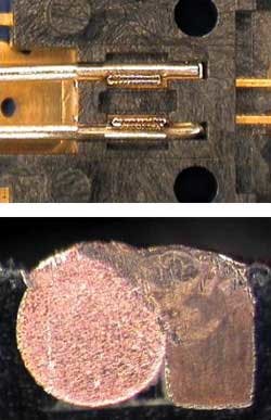 FIGURE 6. Small seam weld between 0.016 x 0.09-in. gold plated copper lead and 0.016-in diameter silver plated copper wire. FIGURE 6. Small seam weld between 0.016 x 0.09-in. gold plated copper lead and 0.016-in diameter silver plated copper wire.