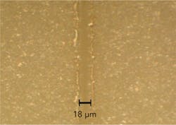 FIGURE 7. Top-view microscope picture of 30 μm deep scribes generated using 1:7 split beam at effective speed of 175 mm/s. FIGURE 7. Top-view microscope picture of 30 μm deep scribes generated using 1:7 split beam at effective speed of 175 mm/s.