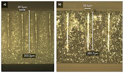 FIGURE 3. Scribing at 300mm/s for both alumina and AlN (381μm thick). (a) represents the side view for alumina, while (b) is the side view for AlN. FIGURE 3. Scribing at 300mm/s for both alumina and AlN (381μm thick). (a) represents the side view for alumina, while (b) is the side view for AlN.